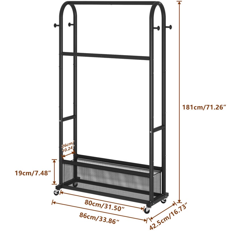 MOYIPIN Double Rods Clothing Rack with Wheels,Clothing Organizer for Hanging Clothes Coat Scarves Bags,Multi-functional Bedroom Garment Rack,4 Hooks,Black - Image 2