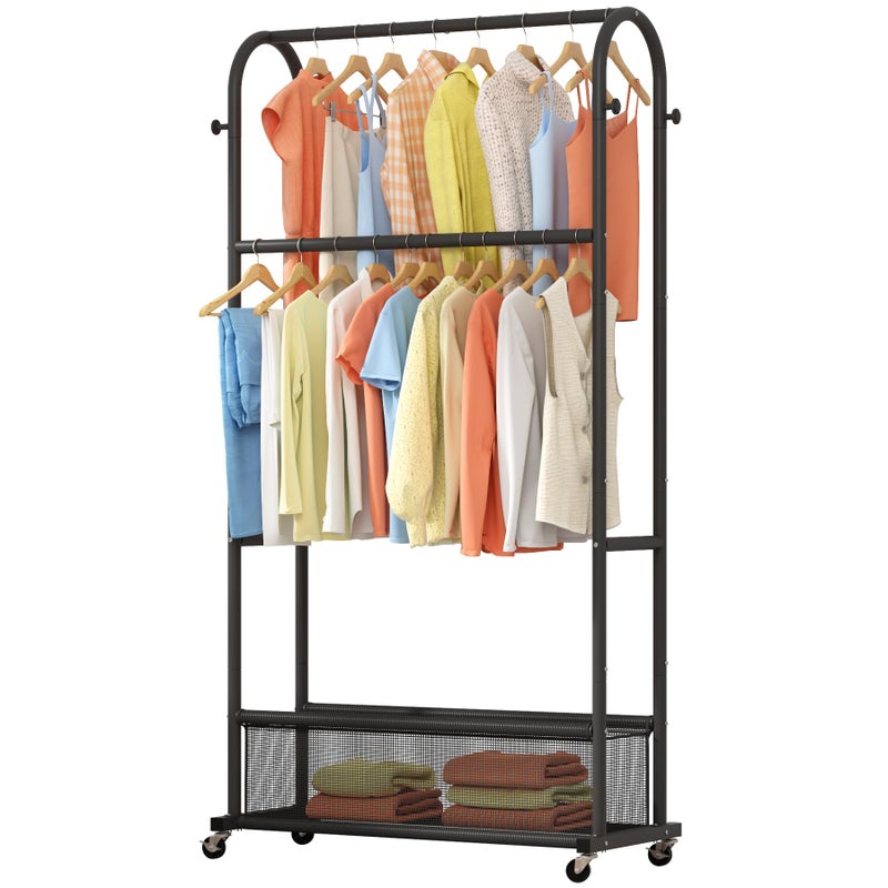 MOYIPIN Double Rods Clothing Rack with Wheels,Clothing Organizer for Hanging Clothes Coat Scarves Bags,Multi-functional Bedroom Garment Rack,4 Hooks,Black - Image 1