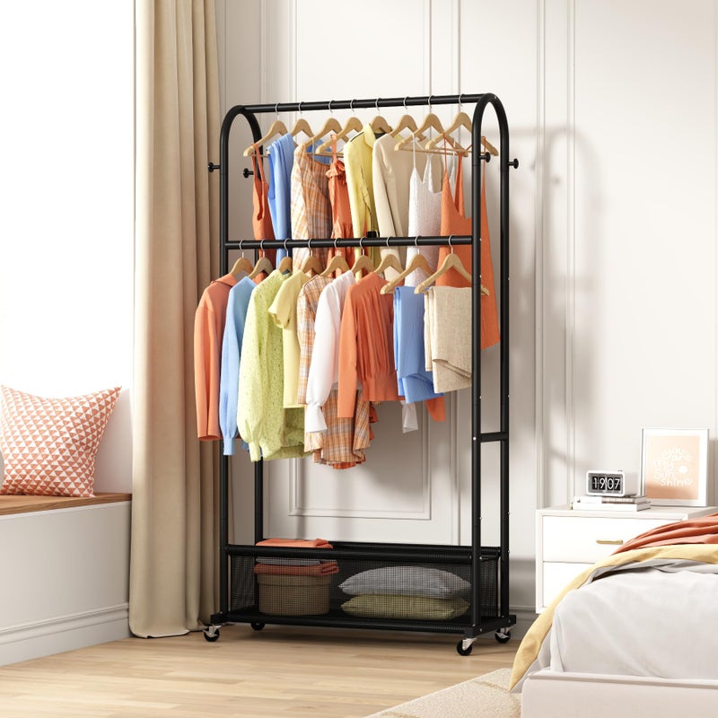 MOYIPIN Double Rods Clothing Rack with Wheels,Clothing Organizer for Hanging Clothes Coat Scarves Bags,Multi-functional Bedroom Garment Rack,4 Hooks,Black - Image 4