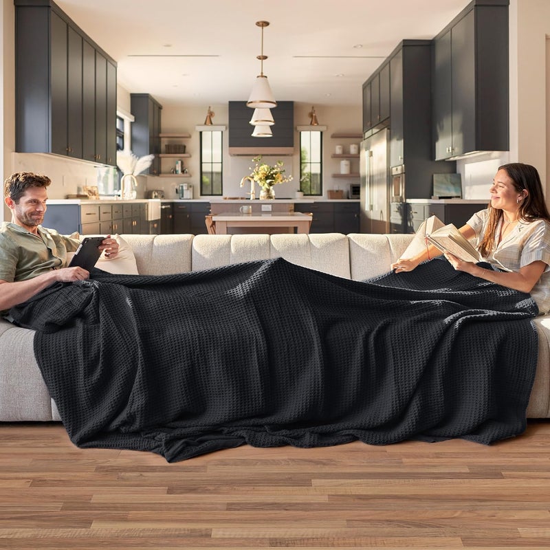 Bedsure 100% Cotton Black Blanket Queen Size for Bed - Cooling Breathable and Soft for Summer, Thick Cozy Waffle Weave Blanket Gifts for Women, 90x90 Inches - Image 2