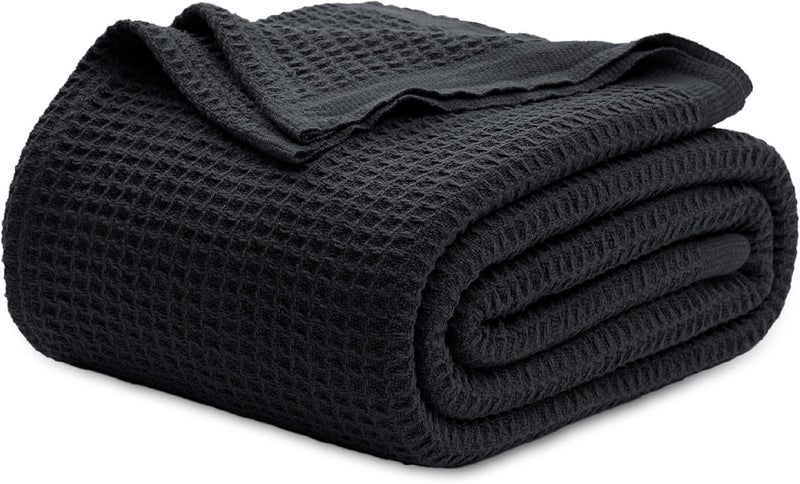 Bedsure 100% Cotton Black Blanket Queen Size for Bed - Cooling Breathable and Soft for Summer, Thick Cozy Waffle Weave Blanket Gifts for Women, 90x90 Inches - Image 1