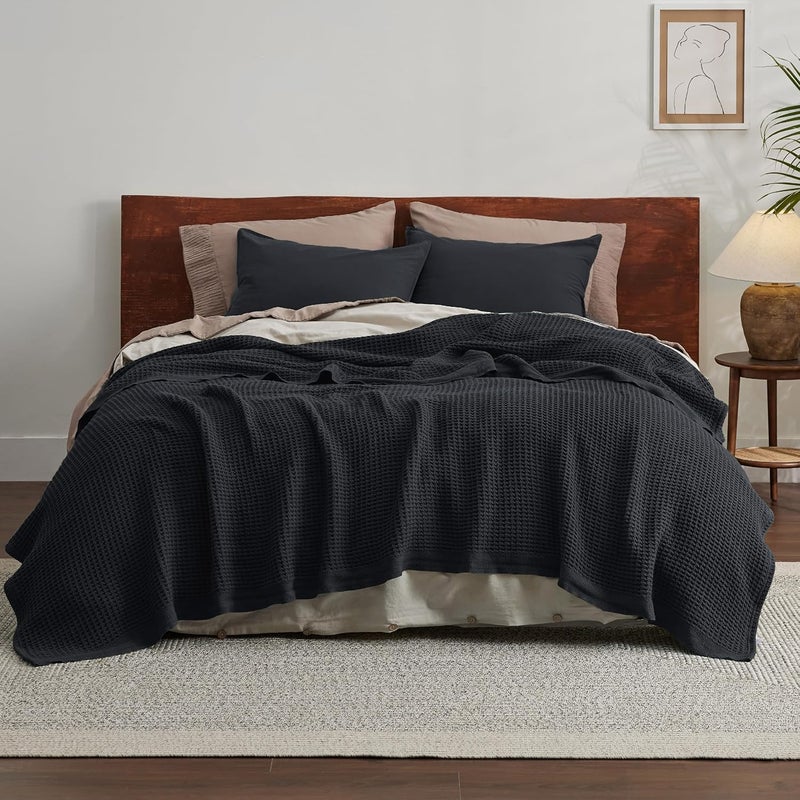Bedsure 100% Cotton Black Blanket Queen Size for Bed - Cooling Breathable and Soft for Summer, Thick Cozy Waffle Weave Blanket Gifts for Women, 90x90 Inches - Image 3