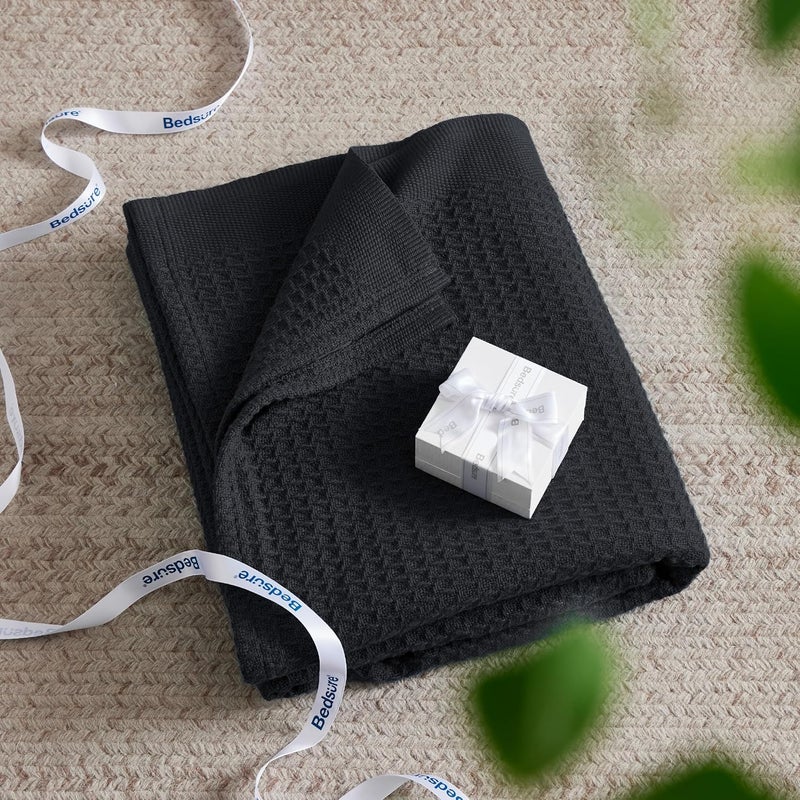 Bedsure 100% Cotton Black Blanket Queen Size for Bed - Cooling Breathable and Soft for Summer, Thick Cozy Waffle Weave Blanket Gifts for Women, 90x90 Inches - Image 5
