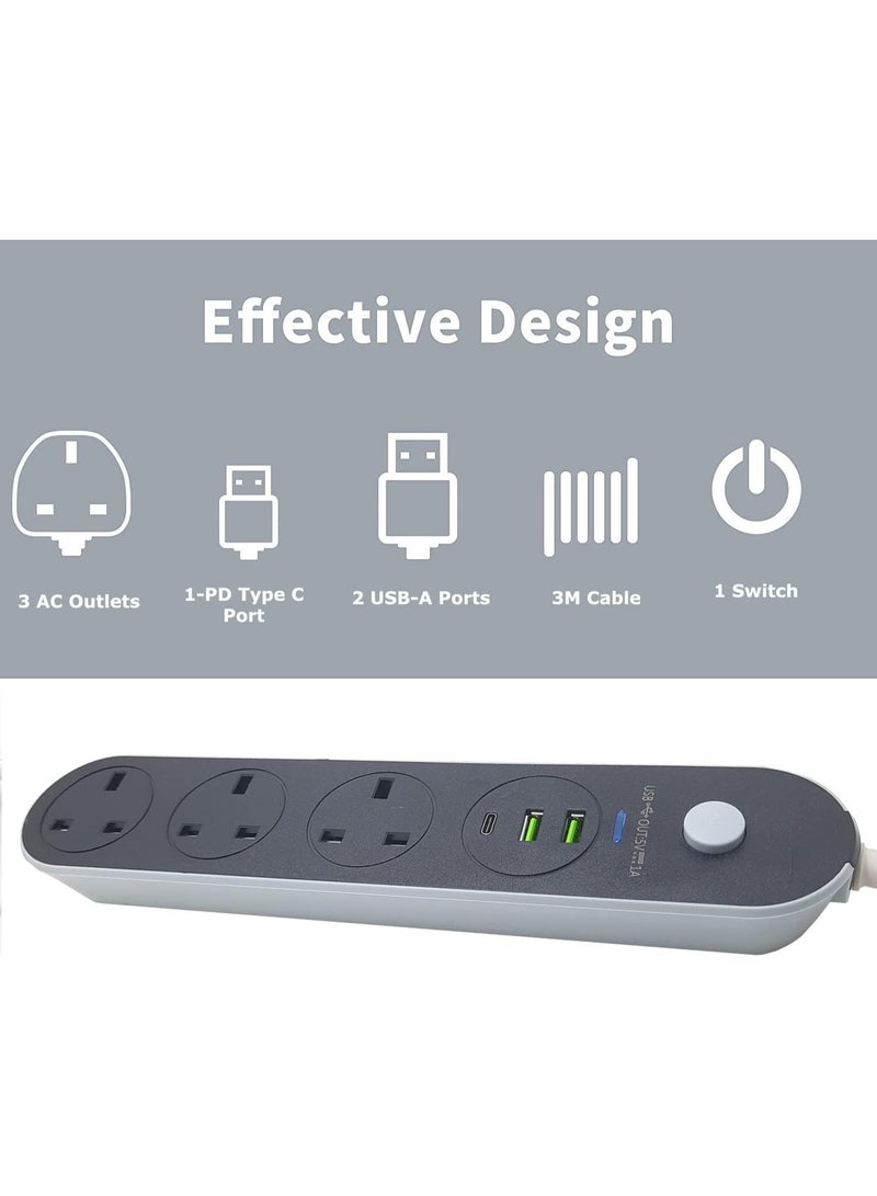Power Strip Extension Cord 5 Meter 3000W – 3 AC Outlets with 2 USB + 1 Type-C Fast Charging Ports, Overload Protection, 3-Pin Plug Extension Socket for Home & Office - Image 2