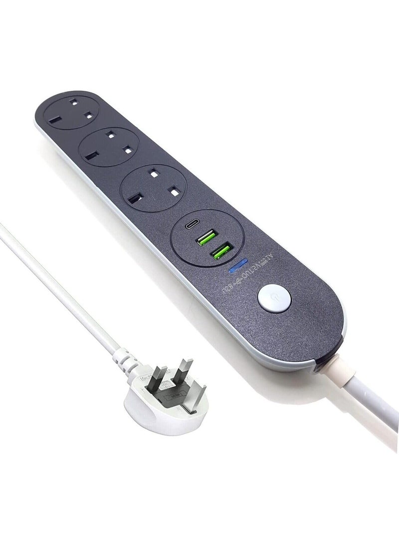 Power Strip Extension Cord 5 Meter 3000W – 3 AC Outlets with 2 USB + 1 Type-C Fast Charging Ports, Overload Protection, 3-Pin Plug Extension Socket for Home & Office - Image 1