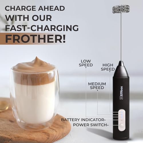 EMBOX Coffee Frother | Electric Coffee Maker | Double Spring Kit with Type-C Rechargeable Cord | Milk forther for Cappuccino Cream and Egg Whisker | Electric Blender Mixer (Black 1 Whisk) - Image 2