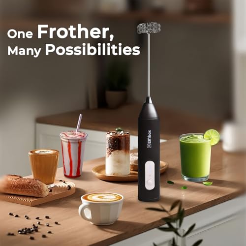 EMBOX Coffee Frother | Electric Coffee Maker | Double Spring Kit with Type-C Rechargeable Cord | Milk forther for Cappuccino Cream and Egg Whisker | Electric Blender Mixer (Black 1 Whisk) - Image 4