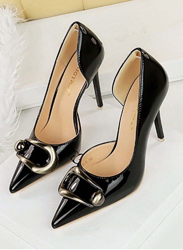 BIGTREE Women's Closed Pointed Toe High Heels Patent Leather Party Stiletto Pumps Black 10.5CM - Image 1