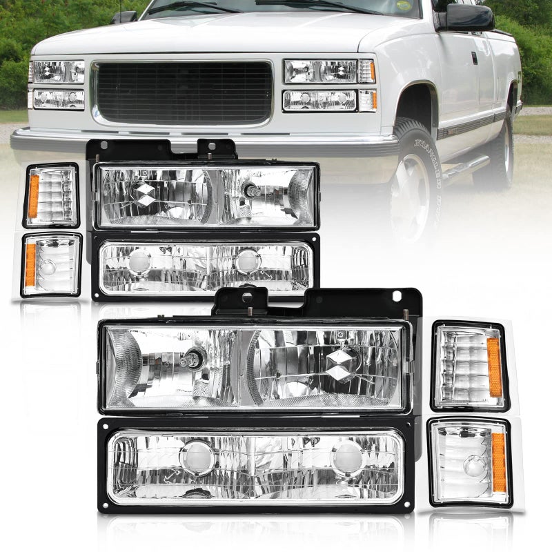 AS Headlights Assembly For 1994 1995 1996 1997 1998 Chevy Silverado 94 95 96 97 98 TahoeSuburbanC10 Chrome Housing HeadlightCornerBumper Lights Pair