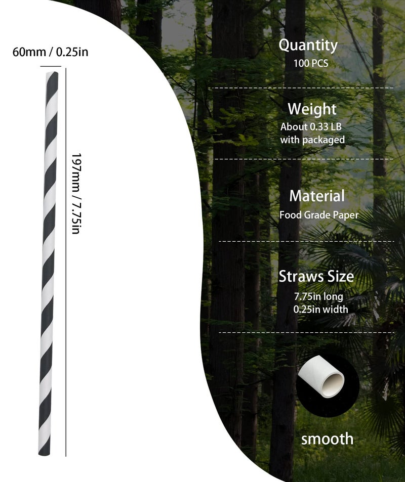 BOFA Eco Tableware Biodegradable Black Striped Paper Straws, Pack of 100 Disposable Black White Stripes Paper Drinking Straw for Restaurants, Juices, Smoothies - Image 2