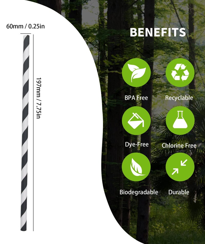 BOFA Eco Tableware Biodegradable Black Striped Paper Straws, Pack of 100 Disposable Black White Stripes Paper Drinking Straw for Restaurants, Juices, Smoothies - Image 3