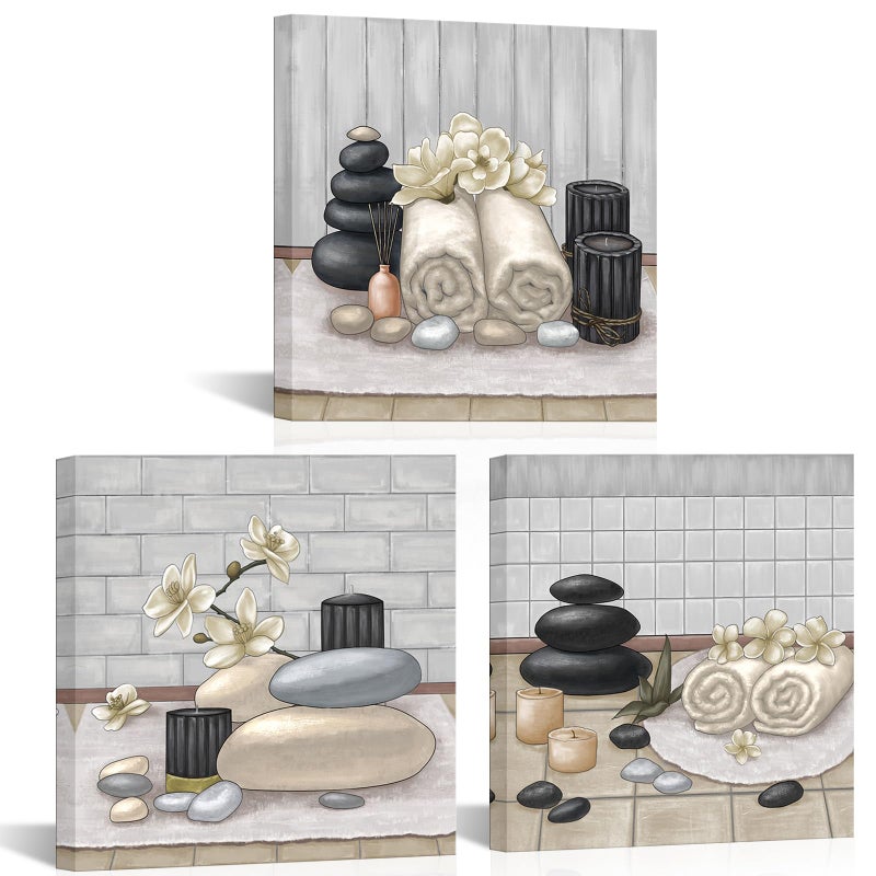 RnnJoile Spa Canvas Wall Art Zen Stone Orchid Picture Painting Beige Still Life Prints for Bathroom Zen Meditation Room Decor Framed 12"x12" for Each - Image 1