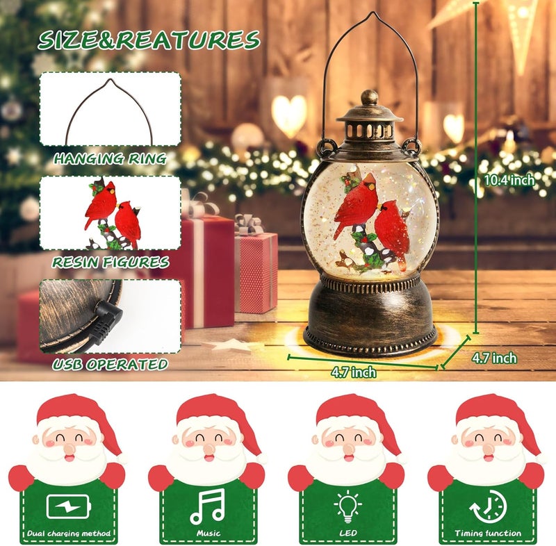 Aixuler Christmas Cardinal Snow Globe 10.4In High, Cardinal Musical Snow Lantern Globe Lights with 6 Hour Timer and Batteries Powered,Retro Style Holiday Glitter Globe for Xmas Home Decoration and Santa Gifts - Image 2