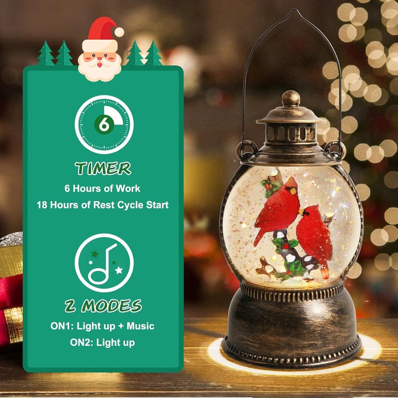 Aixuler Christmas Cardinal Snow Globe 10.4In High, Cardinal Musical Snow Lantern Globe Lights with 6 Hour Timer and Batteries Powered,Retro Style Holiday Glitter Globe for Xmas Home Decoration and Santa Gifts - Image 4