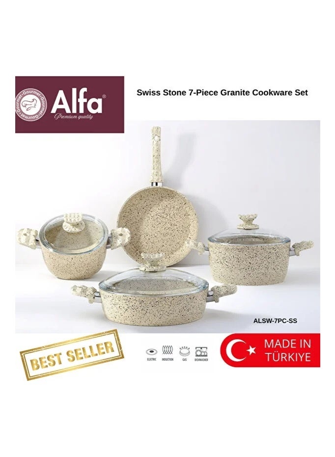 ALFA 7 Piece Swiss Stone Granite Non-Stick Cookware Set, Induction Compatible, Made in Türkiye - Image 1