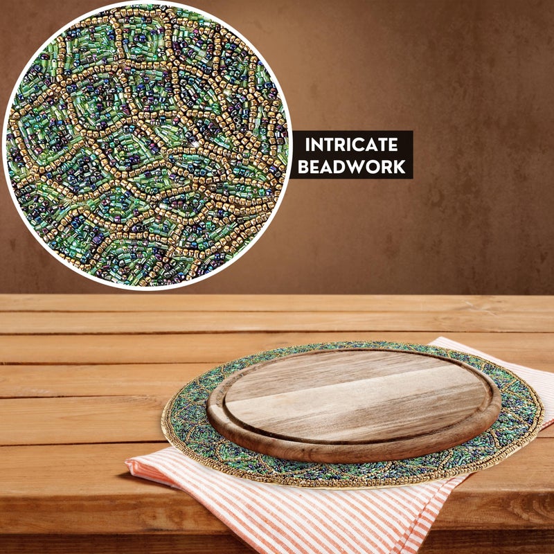 CLEENTABLE Farmhouse Beaded Placemats 13" Round - Decorative Glitz Christmas Beaded Charger Hand Made by Skilled Artisans - A Beautiful Complement to Your Dinner Table DÃ©cor (Green Gold) - Image 4