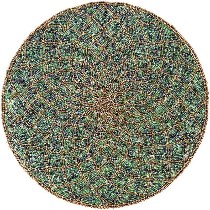 CLEENTABLE Farmhouse Beaded Placemats 13" Round - Decorative Glitz Christmas Beaded Charger Hand Made by Skilled Artisans - A Beautiful Complement to Your Dinner Table DÃ©cor (Green Gold) - Image 1