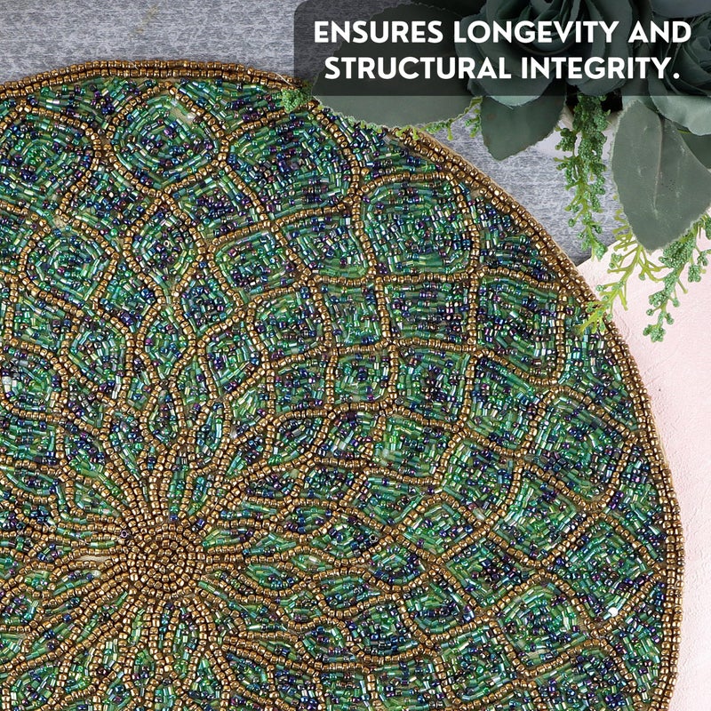 CLEENTABLE Farmhouse Beaded Placemats 13" Round - Decorative Glitz Christmas Beaded Charger Hand Made by Skilled Artisans - A Beautiful Complement to Your Dinner Table DÃ©cor (Green Gold) - Image 5