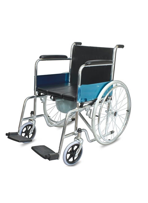 Foldable Chrome Wheelchair with U Cut Commode Cushioned Seat and Toilet Pot