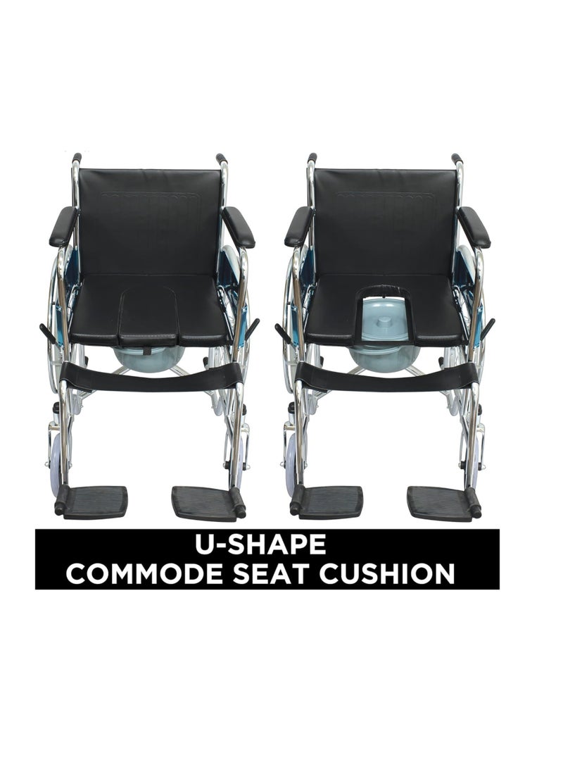 Foldable Chrome Wheelchair with U Cut Commode Cushioned Seat and Toilet Pot