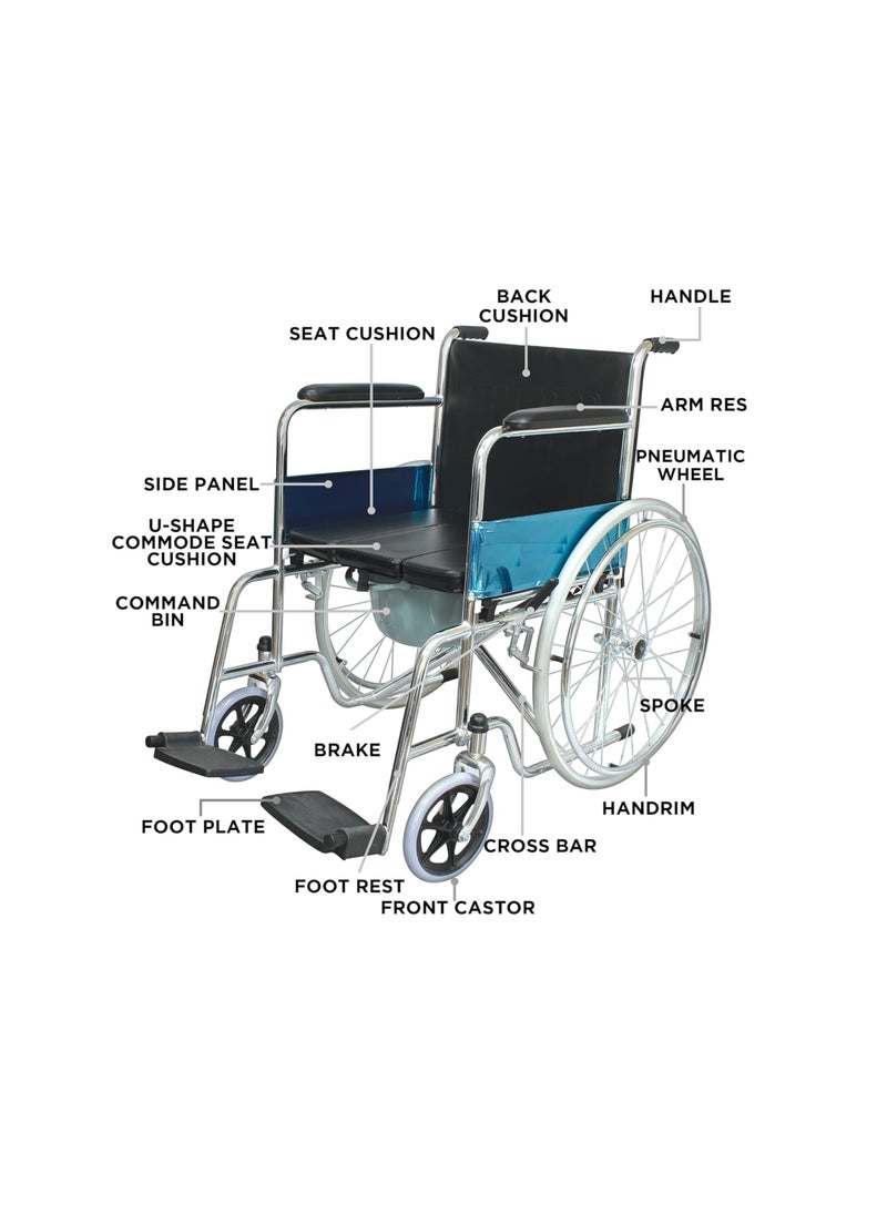 Foldable Chrome Wheelchair with U Cut Commode Cushioned Seat and Toilet Pot