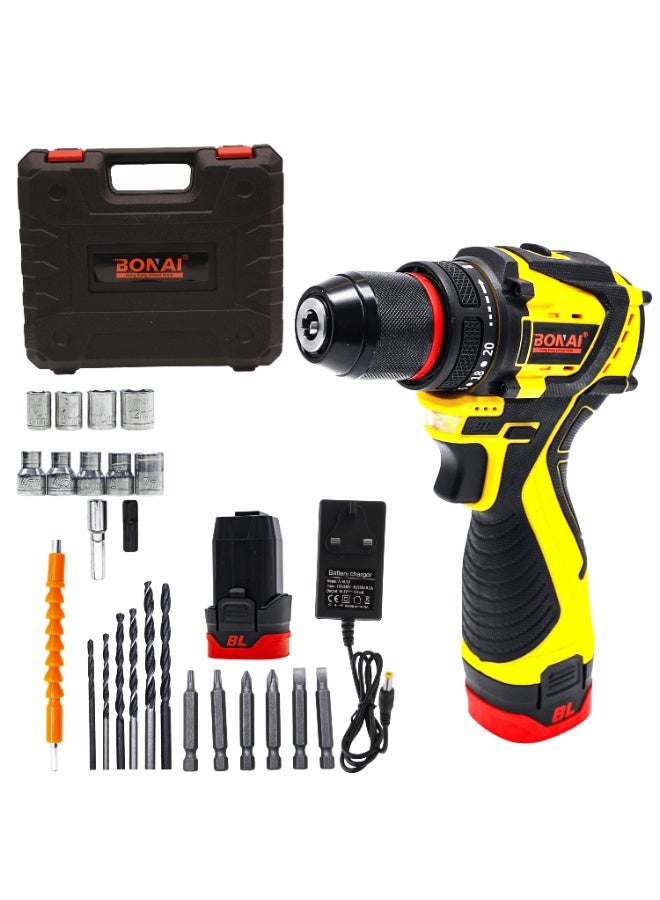 بوناي مثقاب/مفك براغي لاسلكي 24 فولت، ظرف بدون مفتاح 3/8 بوصة، سرعتان 350-1350 دورة في الدقيقة، عزم دوران متغير، تحكم أمامي/عكسي، مجموعة رؤوس ومفاتيح 21 قطعة مع حقيبة حمل – BN-HK117 - Image 1
