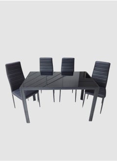 SILA Modern Glass & Steel 5-Peces Dining Table With PU Leather 4 Seater Chairs Dining Set Color Black  - Image 2