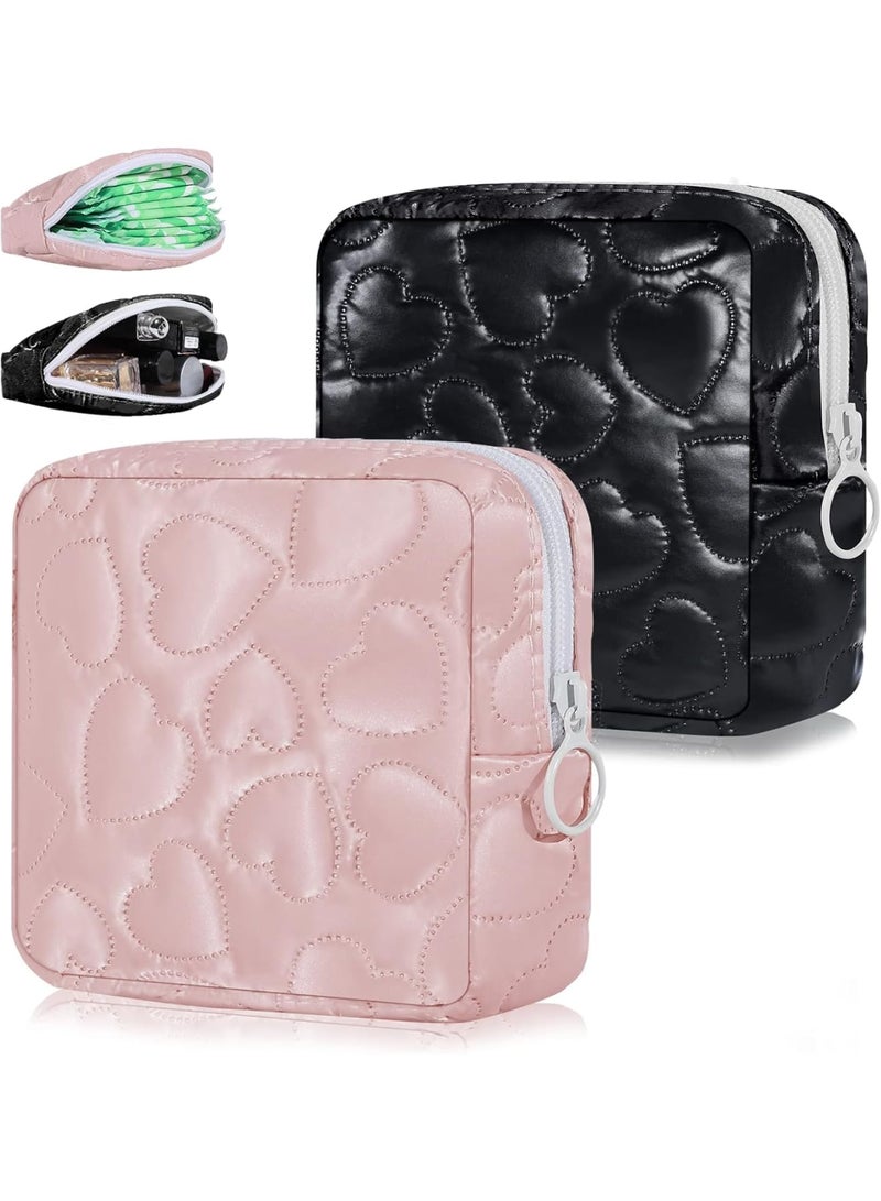 SOLARAE حقيبة تخزين الفوط الصحية، 2 قطعة حقيبة قلب من جلد PU الناعم مع سحاب، حقيبة كأس الحيض، حقائب التامبون، حقيبة مجموعة الحيض المحمولة القابلة لإعادة الاستخدام للفتيات والنساء، حقيبة تجميل، وردي/أسود - Image 1