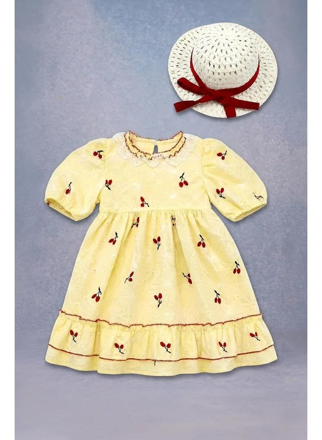 Perendi Girl's Cherry-Embroidered Lace-Collar Hat Brocade Dress - 100% Cotton Lined.