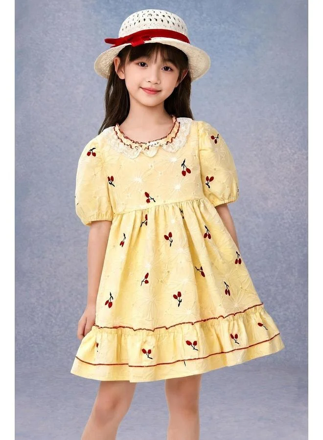 Perendi Girl's Cherry-Embroidered Lace-Collar Hat Brocade Dress - 100% Cotton Lined.