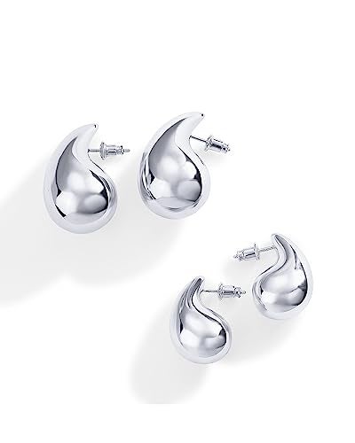 PAVOI 14K Gold Plated 925 Sterling Silver Teardrop Chunky Hoop Earrings - Lightweight White Drop Earrings for Women - 31mm Designer Dupe - Image 3