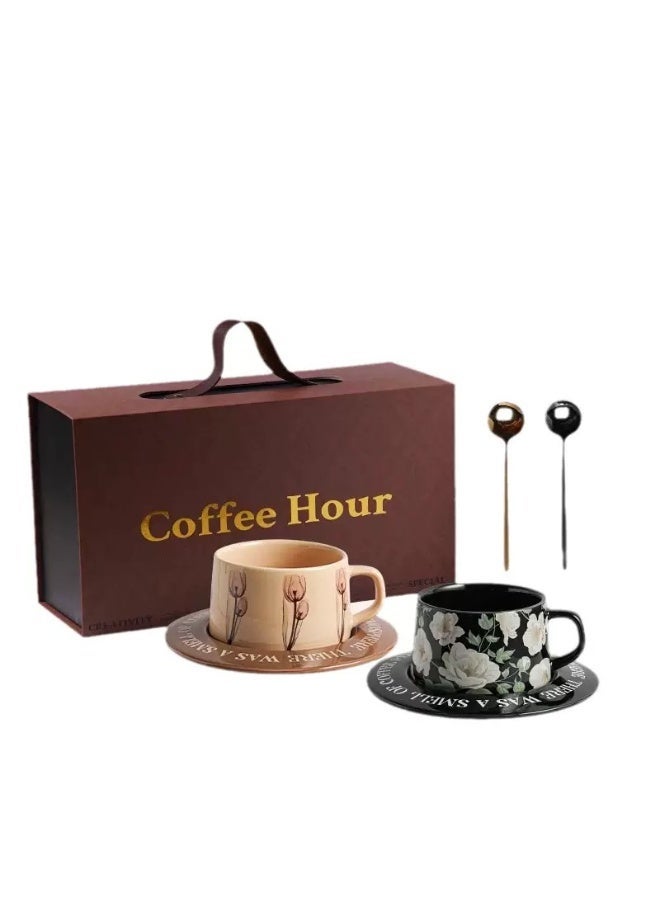 ROOMTONE Retro Floral Ceramic Coffee Cup Set, 2 set, Gift Set, Including Spoon,High - Temperature Fired for Health, Mugs with Handles, Ideal for Espresso, Latte, Cappuccino, Milk, Microwave and Dishwasher Safe - Image 1