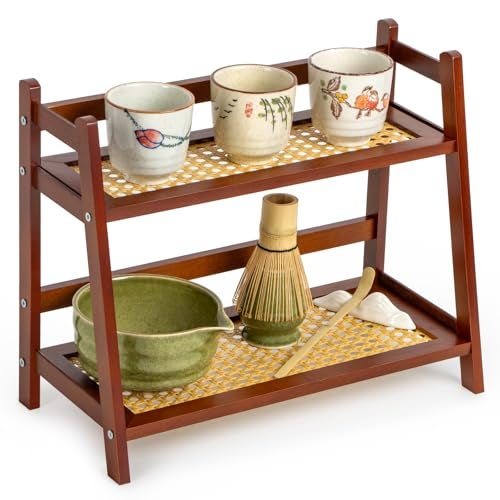 ANBOXIT Rattan-Look Matcha Station Organizer, Countertop Bamboo Tea & Coffee Accessories Station Organizer, 2 Tier Mug Holder Display Stand for Kitchen Condiment, Home, Office - Brown - Image 1