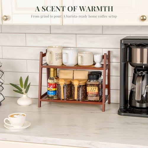 ANBOXIT Rattan-Look Matcha Station Organizer, Countertop Bamboo Tea & Coffee Accessories Station Organizer, 2 Tier Mug Holder Display Stand for Kitchen Condiment, Home, Office - Brown - Image 4