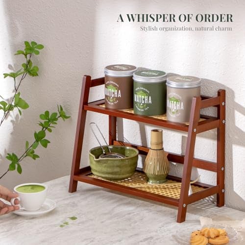 ANBOXIT Rattan-Look Matcha Station Organizer, Countertop Bamboo Tea & Coffee Accessories Station Organizer, 2 Tier Mug Holder Display Stand for Kitchen Condiment, Home, Office - Brown - Image 3