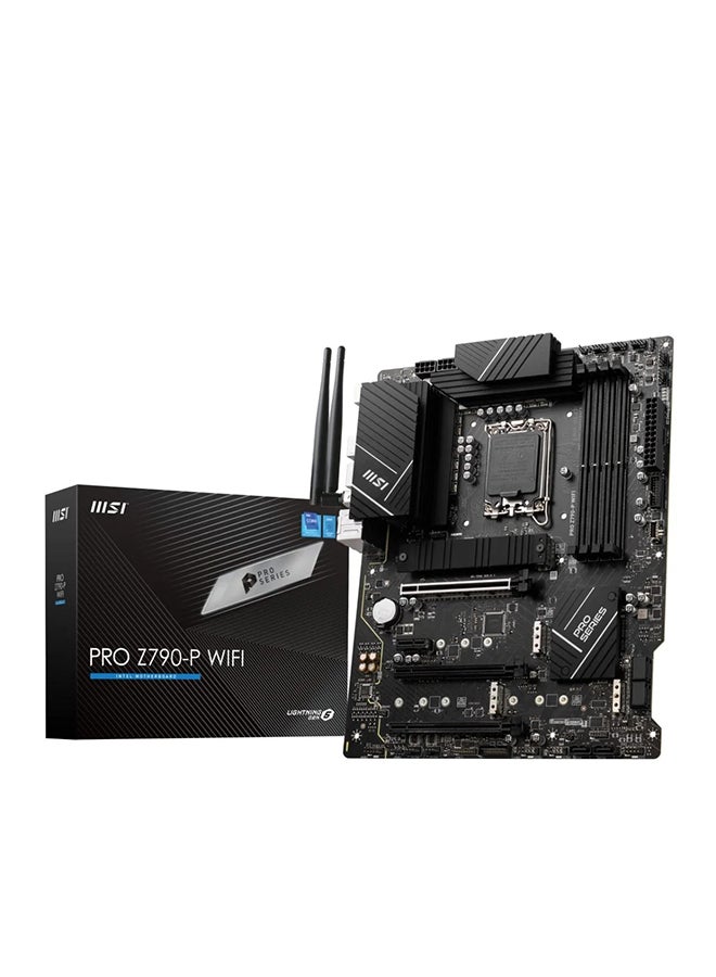 PRO Z790-P WIFI DDR5 ATX Motherboard, LGA 1700 Socket, Intel Z790 Chipset, 4x DDR5 Slots (128GB Max), Wi-Fi 6E / BT 5.2, 2.5Gbps LAN, M.2 Shield Frozr, PCIe 5.0, Lightning Gen5, 14+2 Duet Rail VRM, USB 3.2 Gen 2x2, Enhanced Audio, Multi-Layer PCB, Dual PCIe M.2 Slots, Enhanced Thermal Design | 911-7E06-010 Black