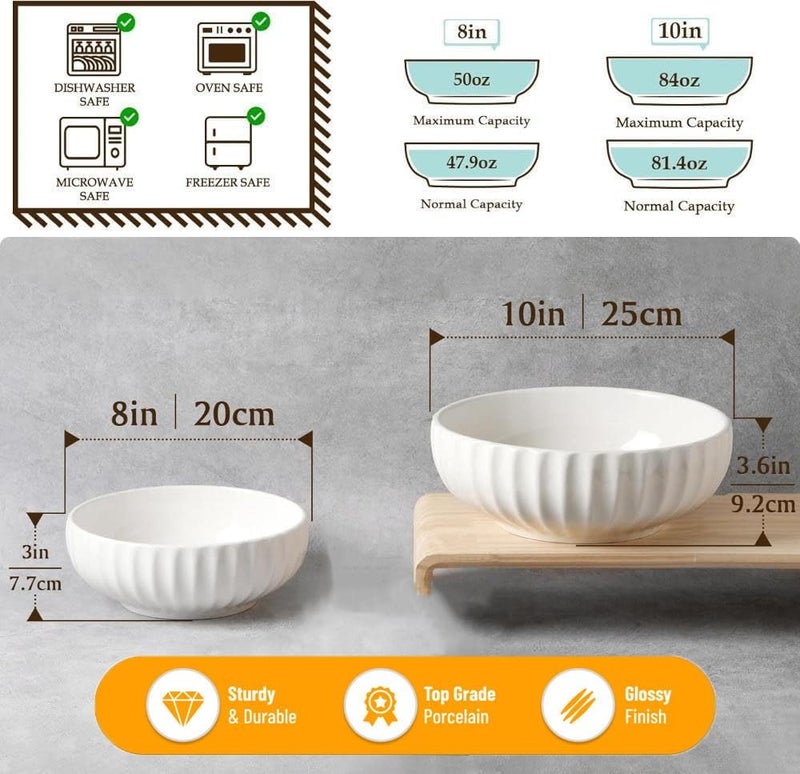 AoMige 2 Pack Serving Bowls,10inch 84oz + 8inch 50oz Ceramic Salad Bowl White Deep Bowl Porcelain Serving Dishes Set For Fruit Soup Cereal Ramen Pasta Salad(White) - Image 3
