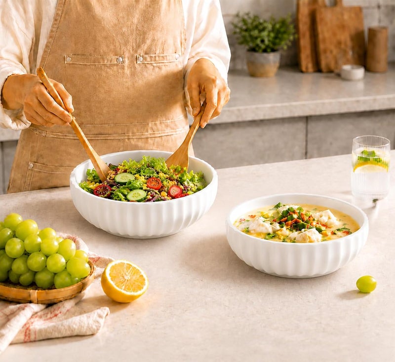 AoMige 2 Pack Serving Bowls,10inch 84oz + 8inch 50oz Ceramic Salad Bowl White Deep Bowl Porcelain Serving Dishes Set For Fruit Soup Cereal Ramen Pasta Salad(White) - Image 1