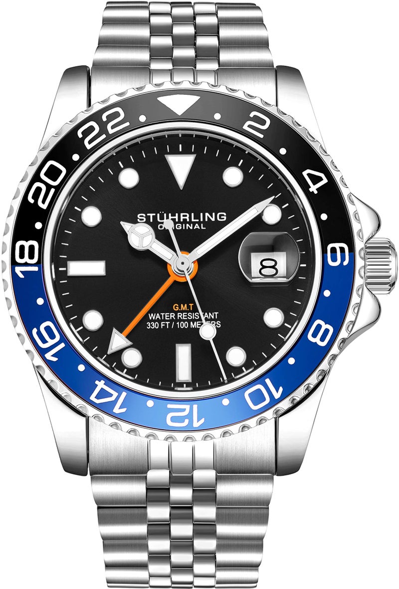 Stuhrling Original Men's Stainless Steel Jubilee Bracelet GMT Watch Quartz, Dual Time, Quickset Date with Screw Down Crown, Water Resistant up to 10 ATM - Image 1