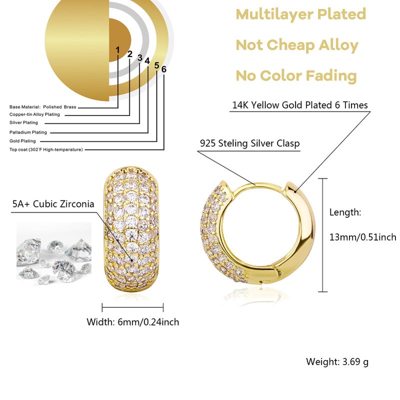TOPGRILLZ Diamond Gold Hoop Earrings 5A+ Cubic Zirconia 14K Gold Small Chunky Thick Cartilage Hoop Huggie Earrings For Men Women-Gold - Image 2