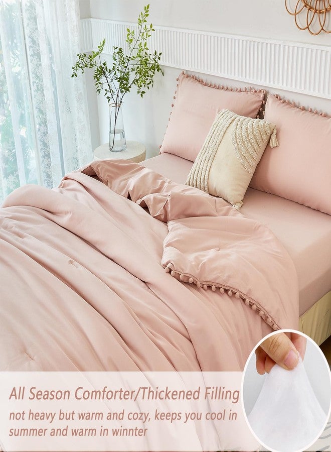 PERFEMET طقم سرير مزدوج من بيرفيميت بلون وردي فاتح للبنات، 5 قطع، بتصميم بوهيمي مزين بكرات صغيرة، مع ملاءات ناعمة وخفيفة الوزن، لون وردي سادة، مناسب للأطفال والمراهقين (لون وردي فاتح، مقاس مزدوج). - Image 5