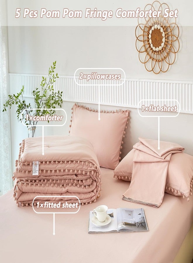 PERFEMET طقم سرير مزدوج من بيرفيميت بلون وردي فاتح للبنات، 5 قطع، بتصميم بوهيمي مزين بكرات صغيرة، مع ملاءات ناعمة وخفيفة الوزن، لون وردي سادة، مناسب للأطفال والمراهقين (لون وردي فاتح، مقاس مزدوج). - Image 3