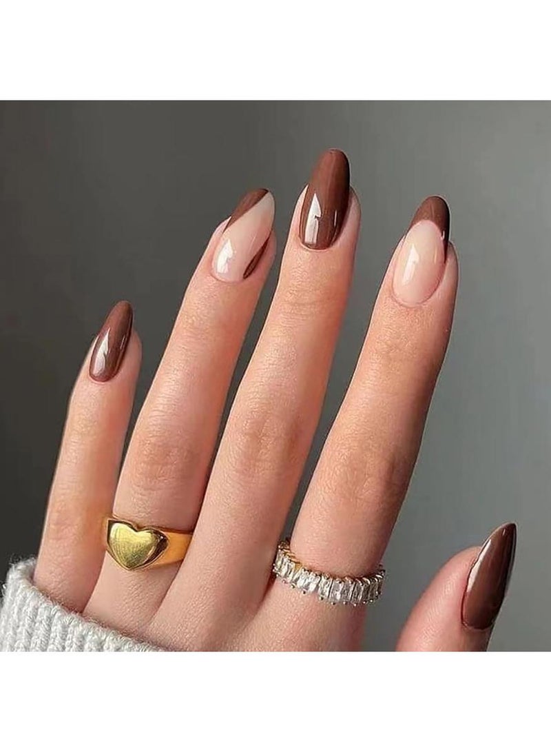 KHAJUL 24Pcs French Tip Almond Press on Nails with Brown Swirl Designs, Almond Wearable Nails with Nail File and Jelly Glue, False Nails, Fake Nails, Glossy Acrylic Nails, Full Cover Stick On Nails, Reusable Nail Kit for Women Girls (Brown) - Image 1