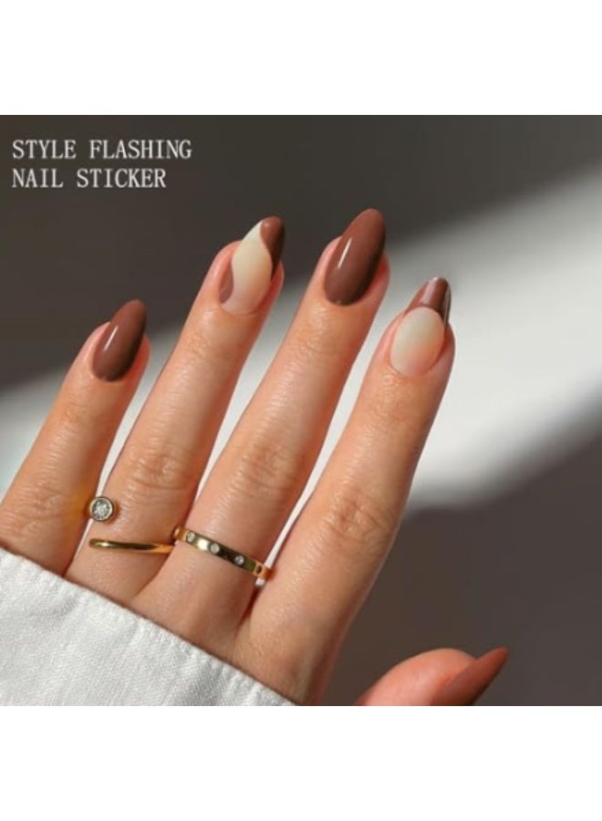 KHAJUL 24Pcs French Tip Almond Press on Nails with Brown Swirl Designs, Almond Wearable Nails with Nail File and Jelly Glue, False Nails, Fake Nails, Glossy Acrylic Nails, Full Cover Stick On Nails, Reusable Nail Kit for Women Girls (Brown) - Image 2