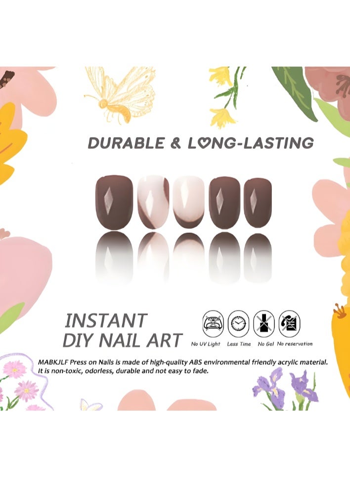 KHAJUL 24Pcs French Tip Almond Press on Nails with Brown Swirl Designs, Almond Wearable Nails with Nail File and Jelly Glue, False Nails, Fake Nails, Glossy Acrylic Nails, Full Cover Stick On Nails, Reusable Nail Kit for Women Girls (Brown) - Image 4