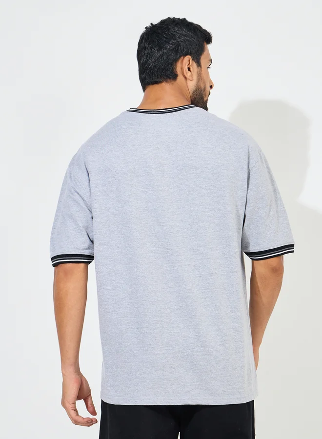 Styli Styli Solid Cotton Terry Ringer T-Shirt with Contrast Rib Neck Detail