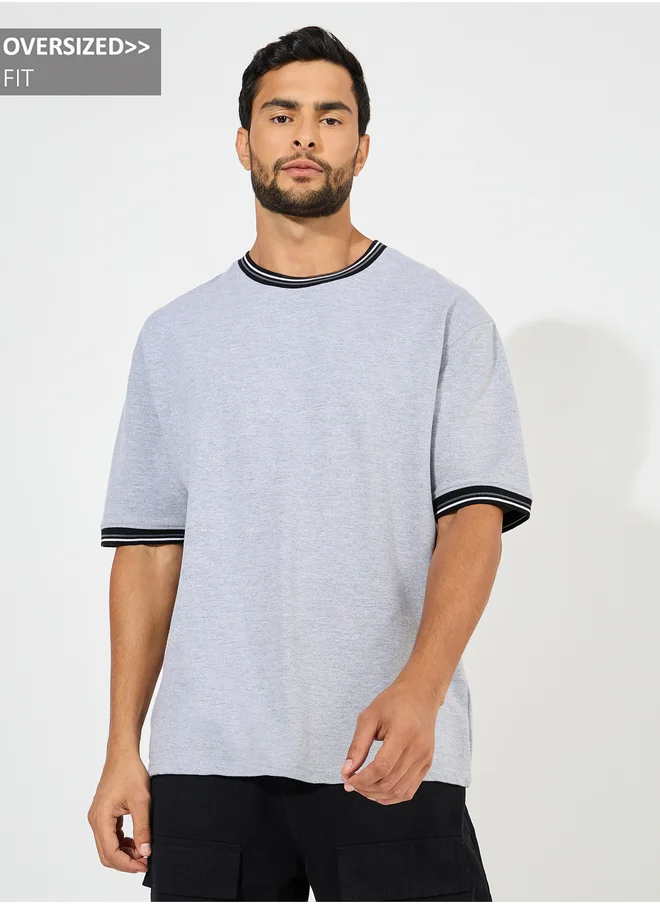 ستايلي Styli Solid Cotton Terry Ringer T-Shirt with Contrast Rib Neck Detail