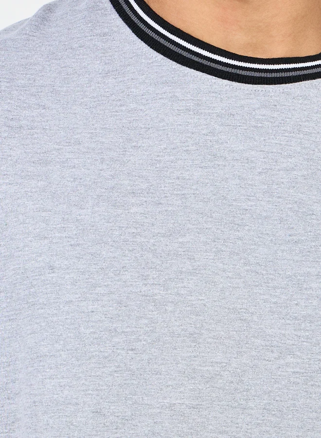 Styli Styli Solid Cotton Terry Ringer T-Shirt with Contrast Rib Neck Detail