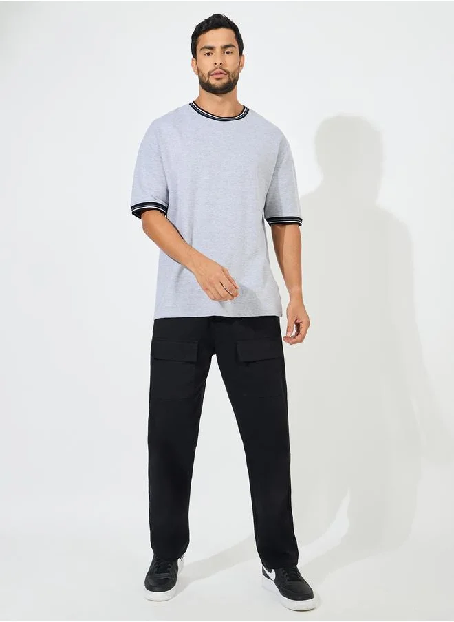 Styli Solid Cotton Terry Ringer T-Shirt with Contrast Rib Neck Detail