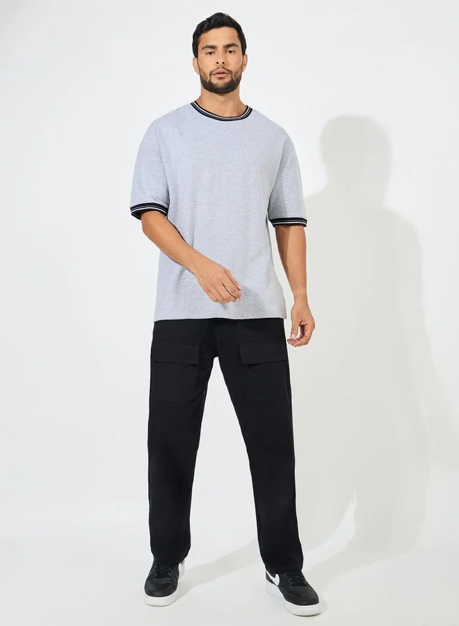 Styli Solid Cotton Terry Ringer T-Shirt with Contrast Rib Neck Detail